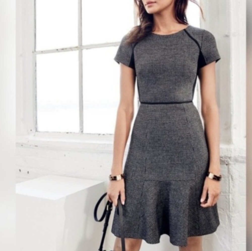 J. Crew Tweed Fit and Flare Color Block Short Sleeve Dress, Black & Grey, Size 0